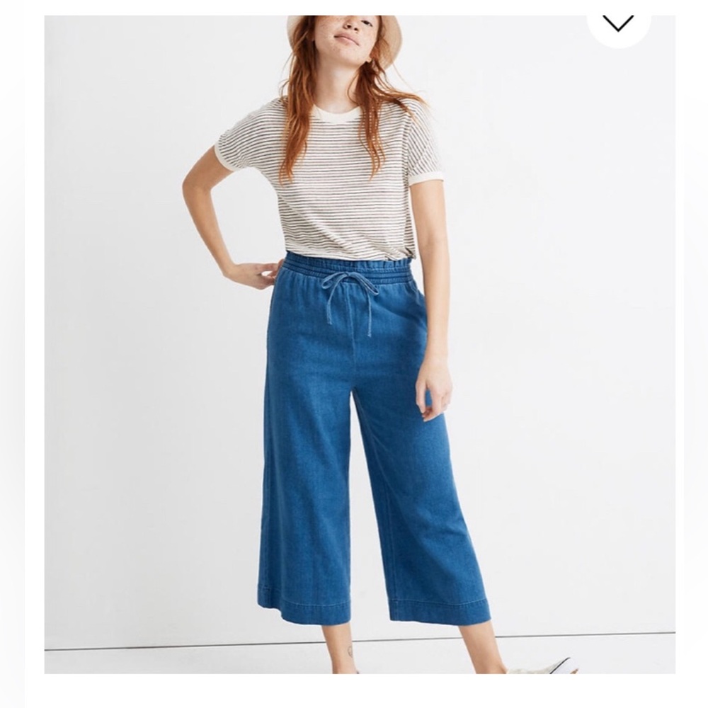 Wide Leg Drawstring Crop Pants - Blue